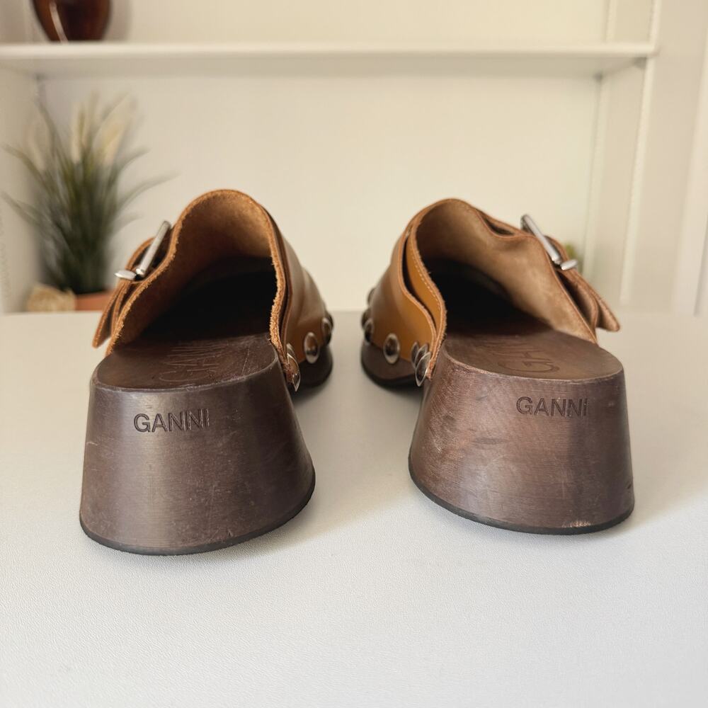 GANNI Retro Leather Studded Platform Clog Mules in Tiger Eye Brown Size 40/10 - Picture 4 of 8